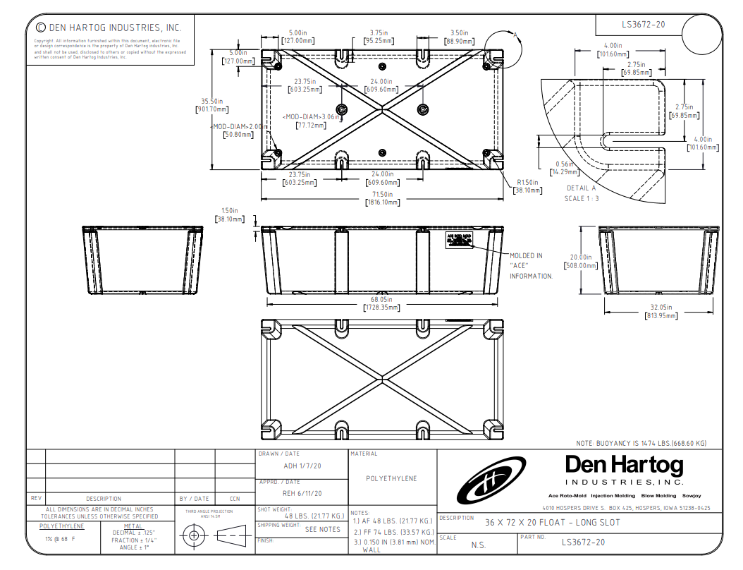 ACE 35 1/2 x 71 1/2 x 20 Long Slot Float Drum