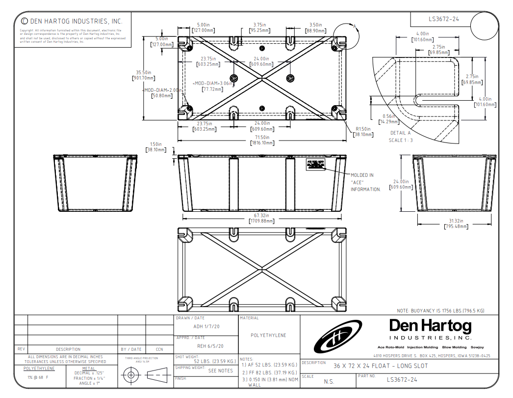 ACE 35 1/2 x 71 1/2 x 24 Long Slot Float Drum