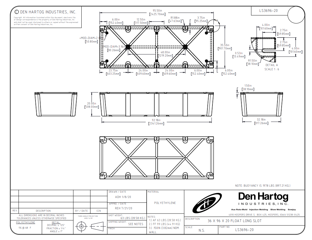 ACE 35 1/2 x 95 1/2 x 20 Long Slot Float Drum