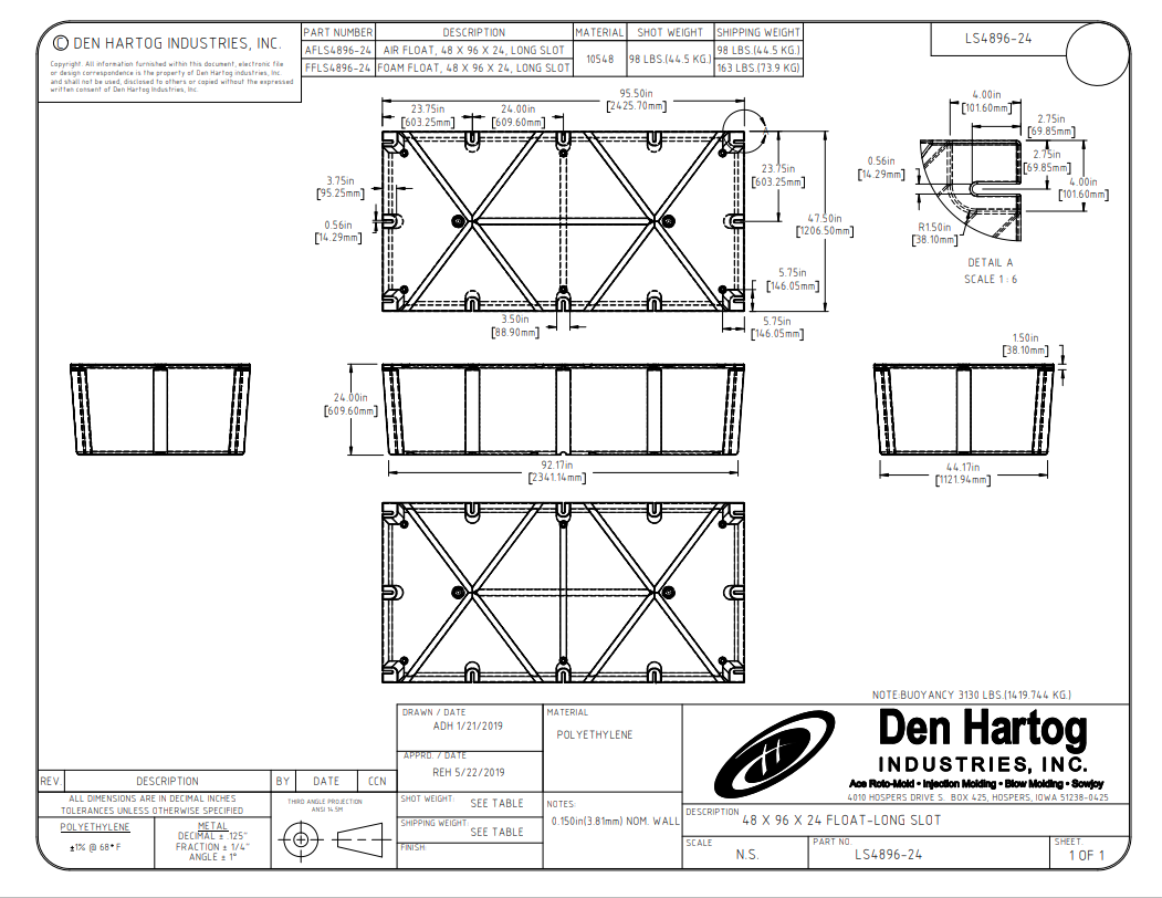 ACE 47 1/2 x 95 1/2 x 24 Long Slot Float Drum